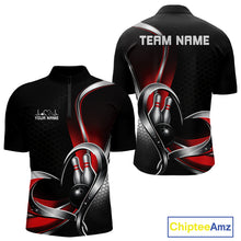 Load image into Gallery viewer, Front and back view of a mens bowling quarter zip shirt mockup in black and red, featuring honeycomb pattern with a heart-shaped bowling ball striking pins.