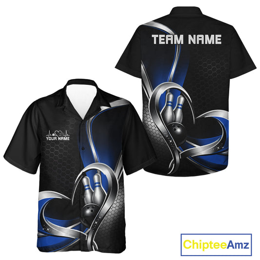 Front and back view of a button-up bowling shirt mockup in black and blue, featuring a honeycomb pattern with a heart-shaped bowling ball hitting pins.