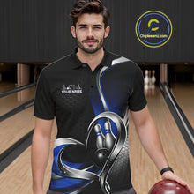 Load image into Gallery viewer, Male model in a bowling lane wearing a black and blue polo shirt with honeycomb design and a heart-framed bowling ball hitting pins graphic.