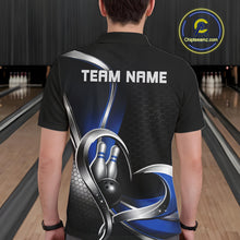 Load image into Gallery viewer, Back view of a male model in a bowling alley wearing a black and blue polo shirt, showcasing honeycomb texture with heart-shaped bowling action artwork.