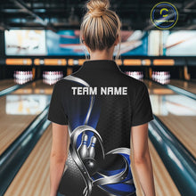 Load image into Gallery viewer, Back view of a female model in a bowling venue wearing a black and blue polo shirt, showcasing honeycomb pattern and heart-shaped bowling ball hitting pins design.