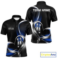 Load image into Gallery viewer, Front and back view of a mens bowling polo shirt mockup in black and blue, featuring honeycomb pattern with a heart-shaped bowling strike illustration.