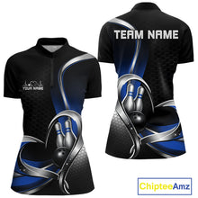 Load image into Gallery viewer, Front and back view of a womens bowling quarter zip mockup in black and blue, featuring a honeycomb pattern and heart-shaped framing around a bowling ball and pins.
