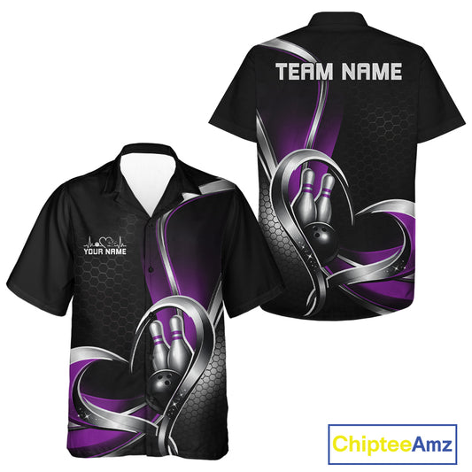 Front and back view of a button-up bowling shirt mockup in black and purple, featuring a honeycomb pattern with a heart-shaped bowling strike design.
