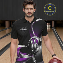 Load image into Gallery viewer, Male model in a bowling lane wearing a black and purple polo shirt with honeycomb texture and a heart-framed bowling strike graphic.