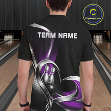 Load image into Gallery viewer, Back view of a male model in a bowling venue wearing a black and purple polo shirt, showcasing honeycomb pattern and heart-shaped bowling action design.