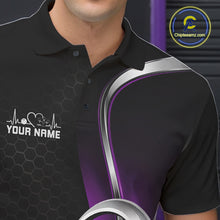 Load image into Gallery viewer, Close-up of the left chest area of a black and purple bowling polo shirt, featuring honeycomb texture with a heart-shaped bowling ball and pins graphic.