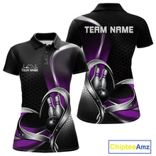 Load image into Gallery viewer, Front and back view of a womens bowling polo shirt mockup in black and purple, featuring honeycomb pattern with a heart-shaped bowling ball and pins design.