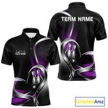 Load image into Gallery viewer, Front and back view of a mens bowling polo shirt mockup in black and purple, featuring a honeycomb pattern with a heart-shaped design around a black bowling ball and pins.