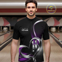 Load image into Gallery viewer, Male model in a bowling lane wearing a black and purple quarter zip shirt with honeycomb texture and a heart-framed bowling ball and pins graphic.