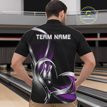 Load image into Gallery viewer, Male model in a bowling alley wearing a black and purple quarter zip shirt, showcasing honeycomb pattern with a heart-shaped bowling strike illustration.