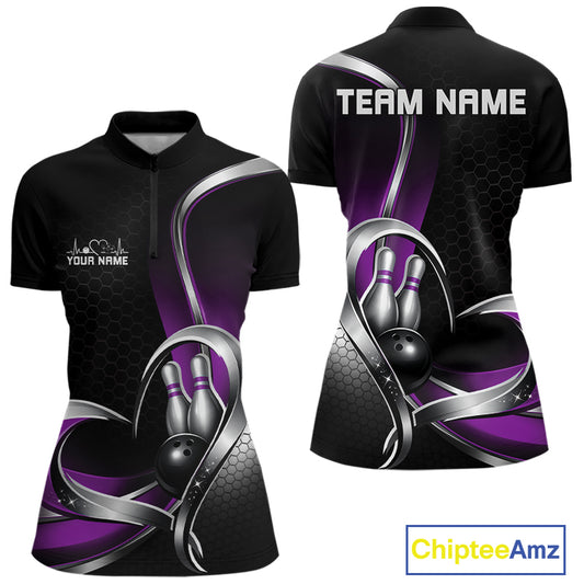 Front and back view of a womens bowling quarter zip shirt mockup in black and purple, featuring a honeycomb pattern and heart design surrounding a black bowling ball and pins.