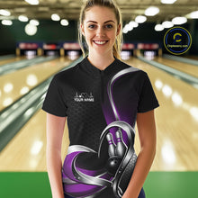 Load image into Gallery viewer, Female model at a bowling lane wearing a black and purple quarter zip shirt, showcasing a honeycomb pattern with a heart framing a bowling ball and pins.
