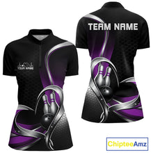 Load image into Gallery viewer, Front and back view of a womens bowling quarter zip shirt mockup in black and purple, featuring a honeycomb pattern and heart design surrounding a black bowling ball and pins.