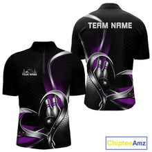 Load image into Gallery viewer, Front and back view of a mens bowling quarter zip shirt mockup in black and purple, featuring a honeycomb pattern with a heart-shaped design around a black bowling ball and pins.