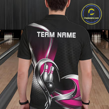 Load image into Gallery viewer, Back view of a male model in a bowling venue wearing a black and pink polo shirt, showcasing honeycomb pattern with a heart-shaped bowling action design.
