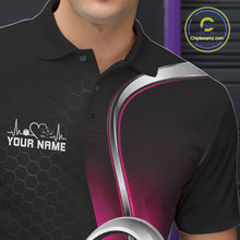 Load image into Gallery viewer, Close-up of the left chest area of a black and pink bowling polo shirt, featuring honeycomb texture and a heart-shaped bowling ball and pins graphic.