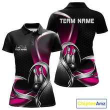 Load image into Gallery viewer, Front and back view of a womens bowling polo shirt mockup in black and pink, featuring honeycomb pattern with a heart-shaped bowling ball and pins design.