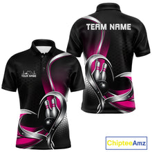 Load image into Gallery viewer, Front and back view of a mens bowling polo shirt mockup in black and pink, featuring honeycomb pattern with a heart-shaped bowling ball and pins.