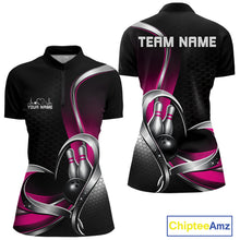 Load image into Gallery viewer, Front and back view of a womens quarter zip bowling shirt mockup in black and pink, featuring a honeycomb pattern with a heart framing a black bowling ball and pins.