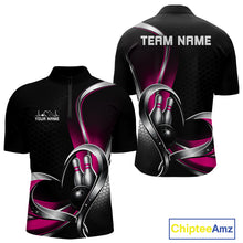 Load image into Gallery viewer, Front and back view of a mens bowling quarter zip shirt mockup in black and pink, featuring honeycomb pattern with a heart-shaped bowling ball and pins design.