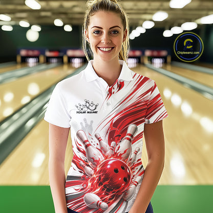 Custom White And Red Flame Bowling Team Jerseys, Bowling League Women Polo Shirt IPHW11642