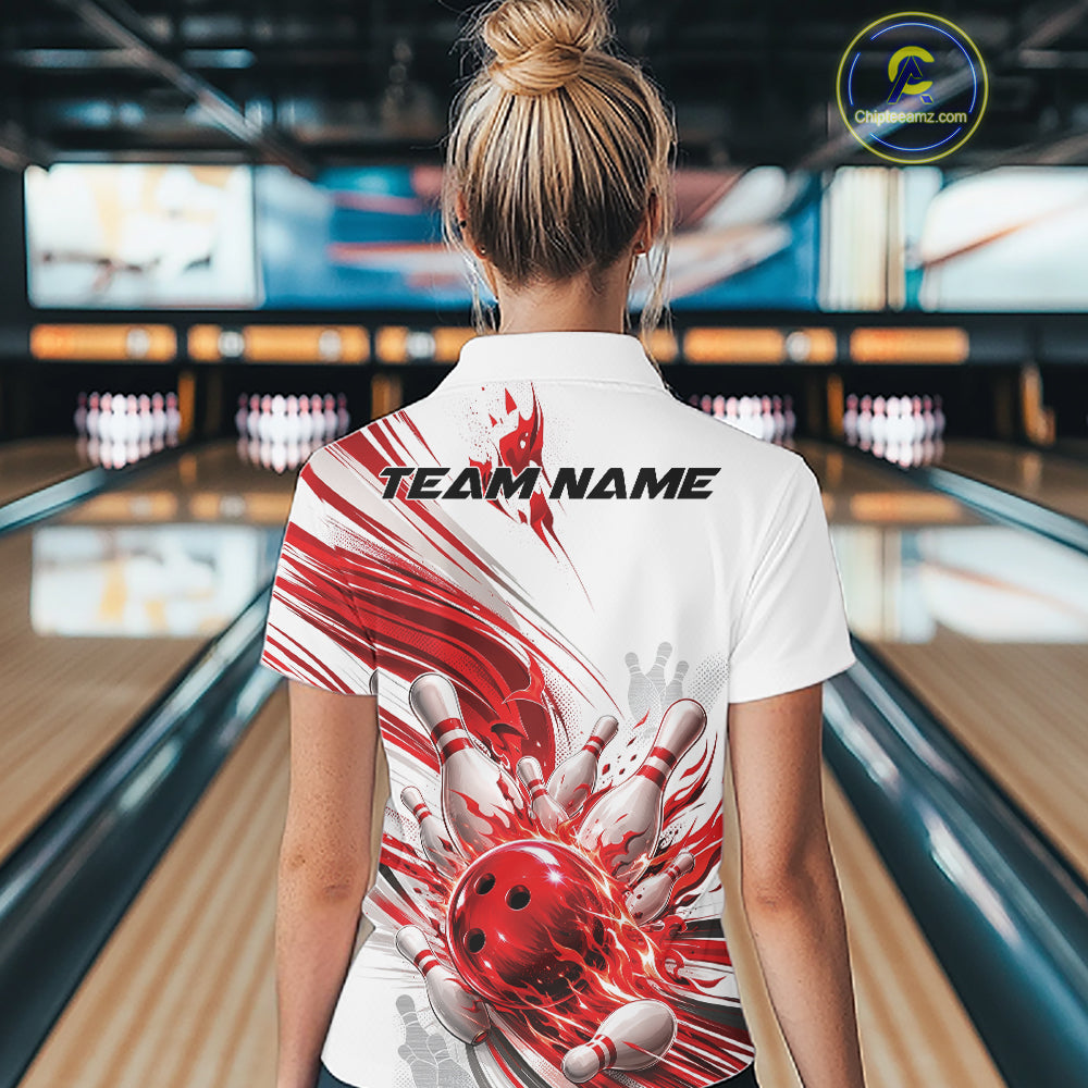 Custom White And Red Flame Bowling Team Jerseys, Bowling League Women Polo Shirt IPHW11642
