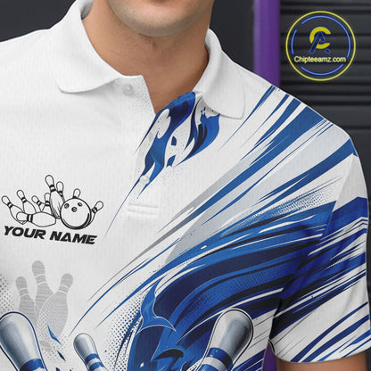 Custom White And Blue Flame Bowling Team Jerseys, Bowling League Men Polo Shirt IPHW11643