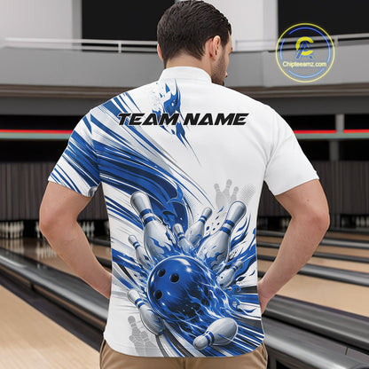 Custom White And Blue Flame Bowling Team Jerseys, Bowling League Men Quarter Zip Shirt IPHW11643