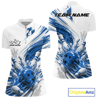 Custom White And Blue Flame Bowling Team Jerseys, Bowling League Women Quarter-Zip Shirt IPHW11643