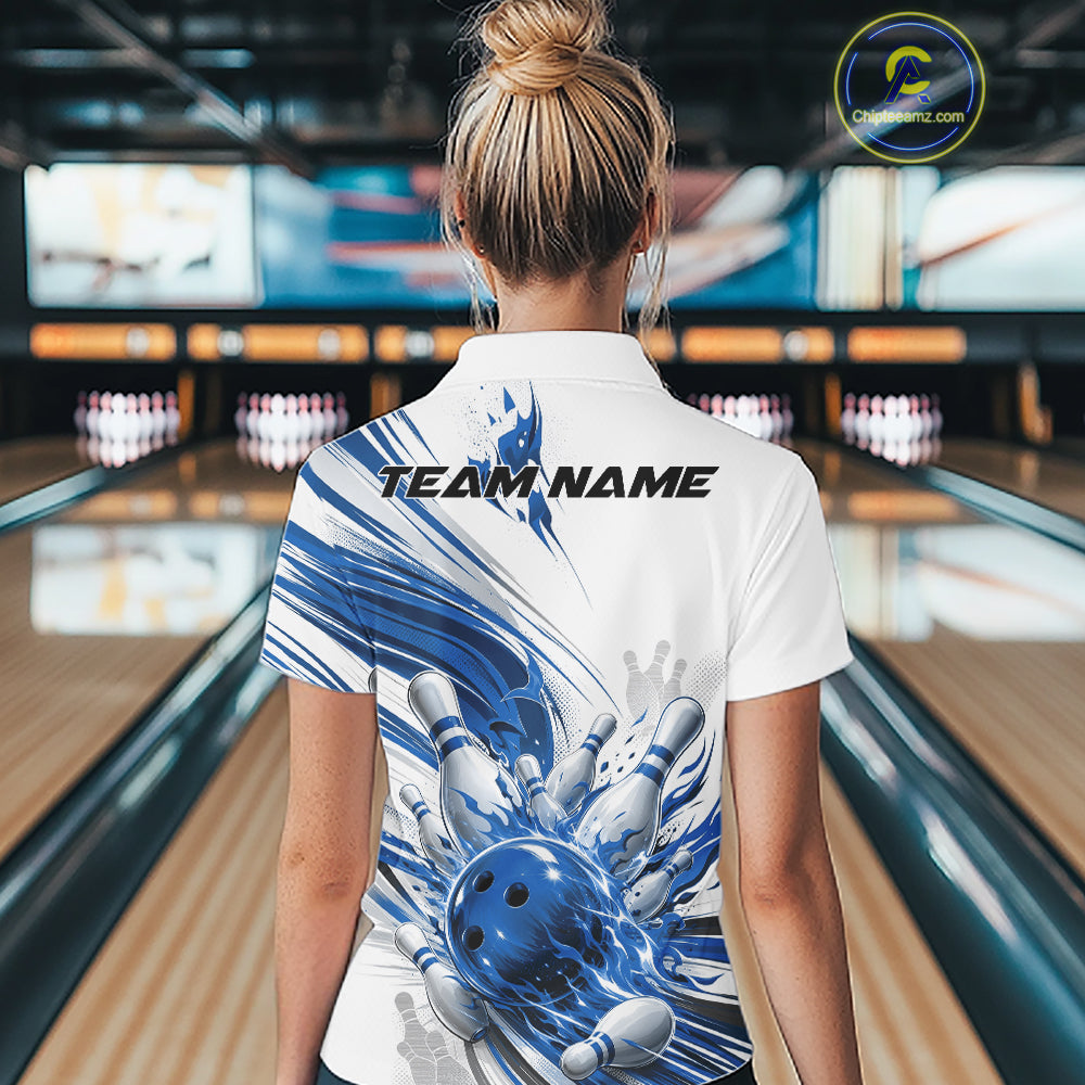 Custom White And Blue Flame Bowling Team Jerseys, Bowling League Women Quarter-Zip Shirt IPHW11643
