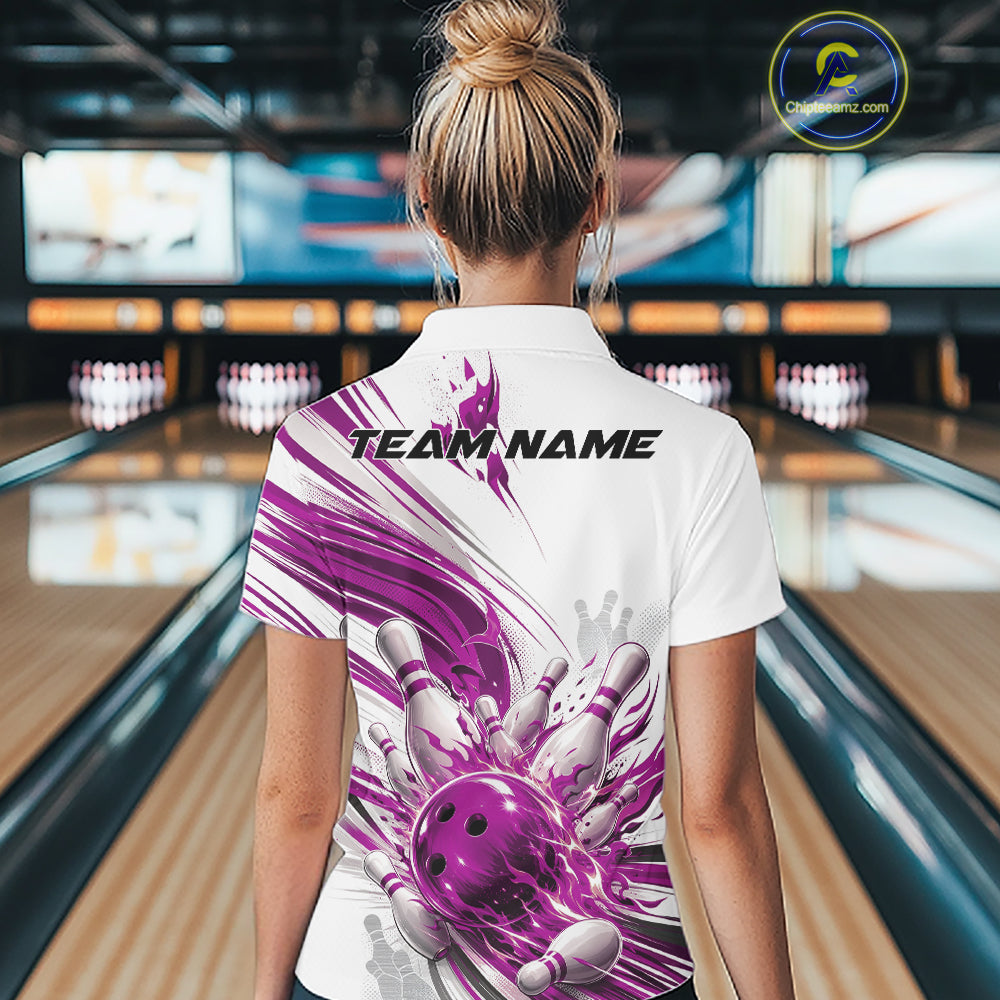 Custom White And Purple Flame Bowling Team Jerseys, Bowling League Women Polo Shirt IPHW11644