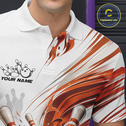 Custom White And Orange Flame Bowling Team Jerseys, Bowling League Men Polo Shirt IPHW11645