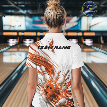 Custom White And Orange Flame Bowling Team Jerseys, Bowling League Women Polo Shirt IPHW11645