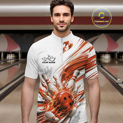 Custom White And Orange Flame Bowling Team Jerseys, Bowling League Men Quarter Zip Shirt IPHW11645