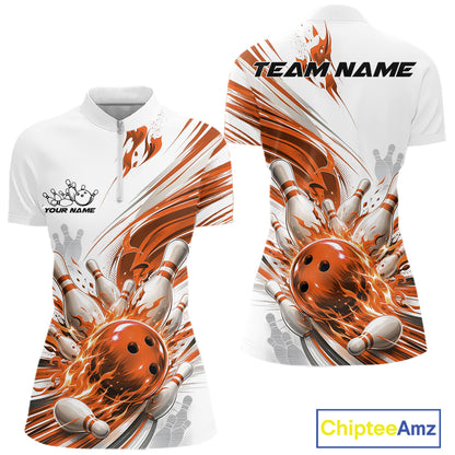 Custom Orange Flame Bowling Team Jerseys, Bowling League Women Quarter-Zip Shirt IPHW11645