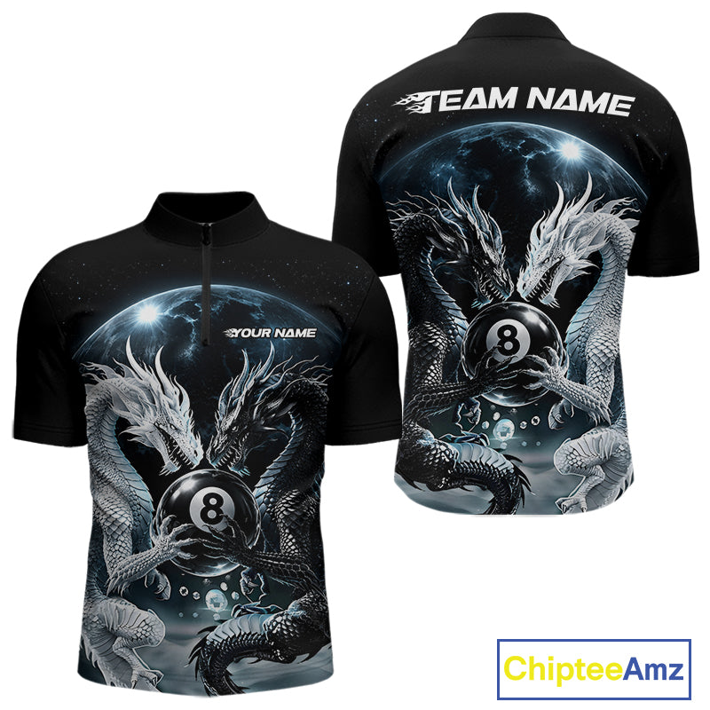 Custom Black And White Dragon 8 Ball Billiard Quarter Zip Shirt For Men, Dragon Pool Shirt IPHW11652