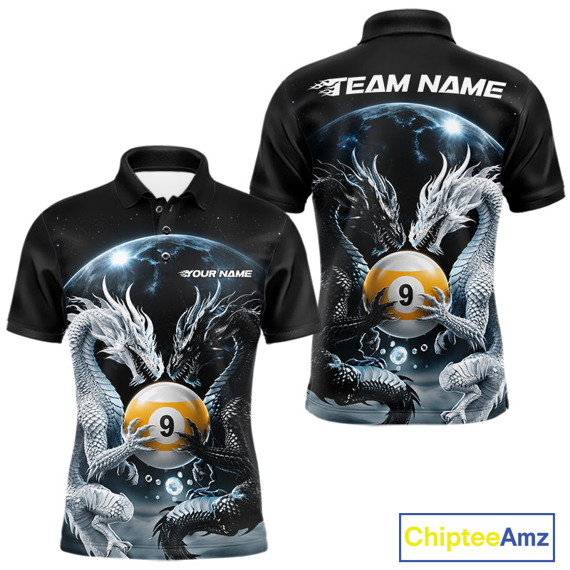 Custom Black And White Dragon 9 Ball Billiard Polo Shirt For Men, Dragon Pool Shirt IPHW11653