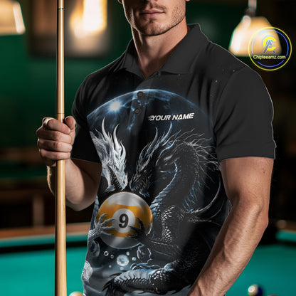 Custom Black And White Dragon 9 Ball Billiard Polo Shirt For Men, Dragon Pool Shirt IPHW11653