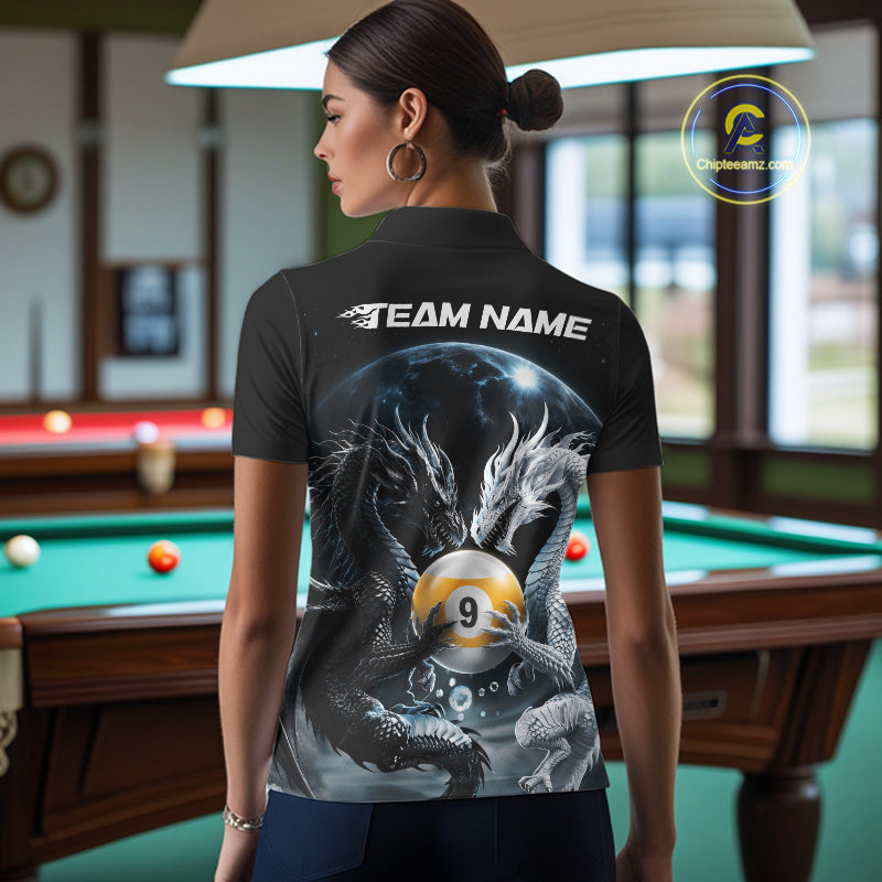 Custom Black And White Dragon 9 Ball Billiard Polo Shirt For Women, Dragon Pool Shirt IPHW11653