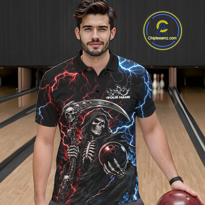 Custom Blue And Red Lightning Grim Reaper Skull Bowling Halloween Men Polo Shirt IPHW11654