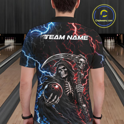 Custom Blue And Red Lightning Grim Reaper Skull Bowling Halloween Men Polo Shirt IPHW11654
