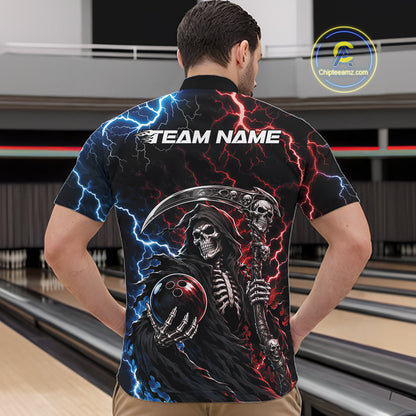 Custom Blue And Red Lightning Grim Reaper Skull Bowling Halloween Men Quarter Zip Shirt IPHW11654