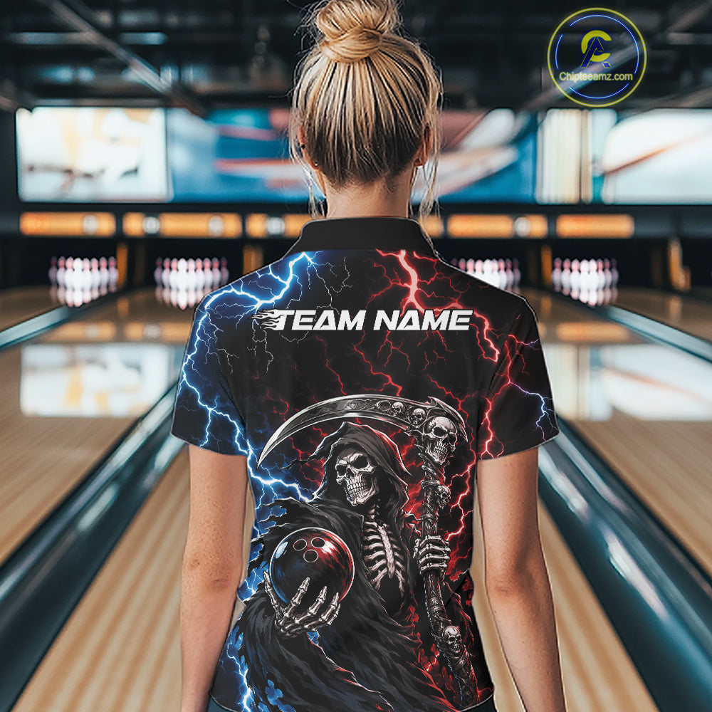 Custom Blue And Red Lightning Grim Reaper Skull Bowling Halloween Women Shirt IPHW11654