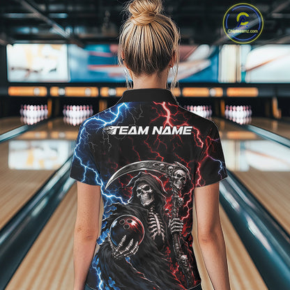 Custom Blue And Red Lightning Grim Reaper Skull Bowling Halloween Women Shirt IPHW11654