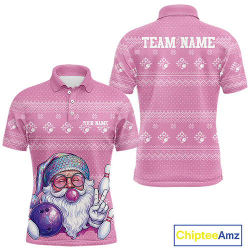 Custom Funny Santa Christmas Men Bowling Polo Shirts, Pink Xmas Bowling Team Outfit IPHW10140