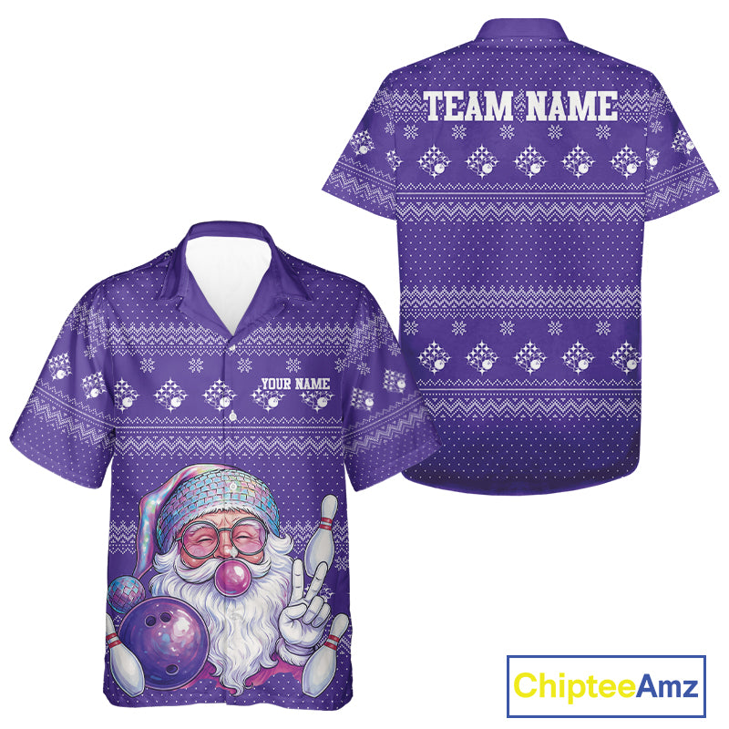 Custom Funny Santa Christmas Men And Women Bowling Hawaiian Shirts, Purple Xmas Bowling Team Outfit IPHW10141