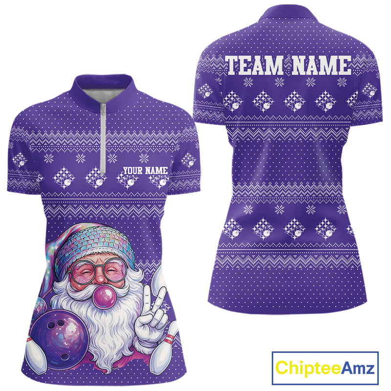 Custom Funny Santa Christmas Women Bowling Quarter-Zip Shirts, Purple Xmas Team Outfit IPHW10141