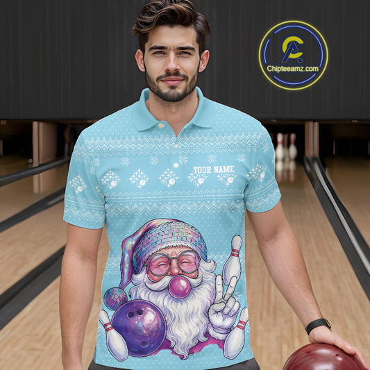 Custom Funny Santa Christmas Men Bowling Polo Shirts, Light Blue Xmas Team Outfit IPHW10142