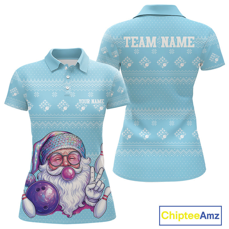 Custom Funny Santa Christmas Women Bowling Polo Shirts, Light Blue Xmas Team Outfit IPHW10142